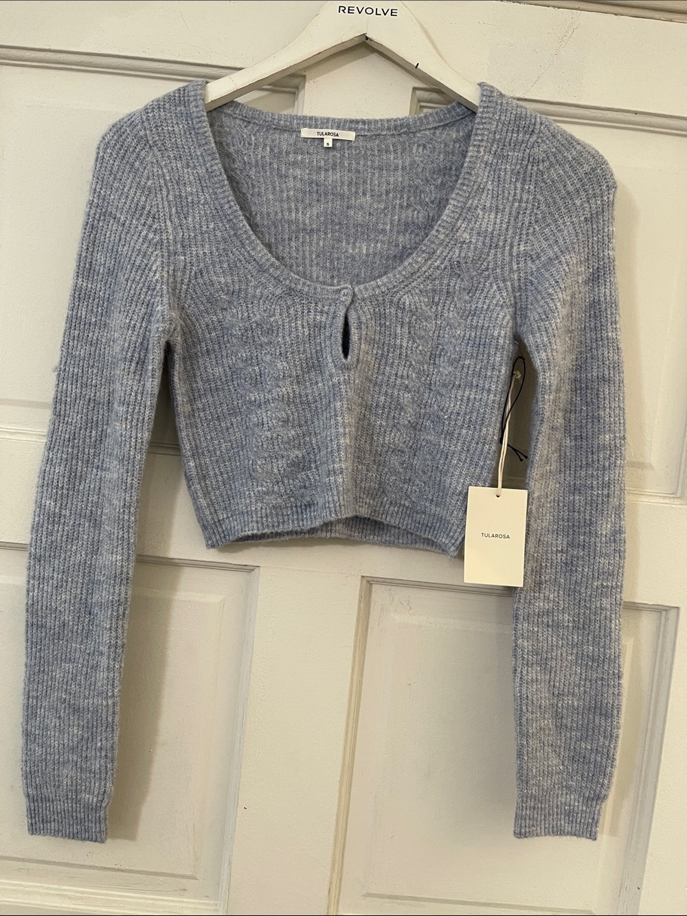 Tularosa Light Blue Ribbed Knit Cropped Cardigan